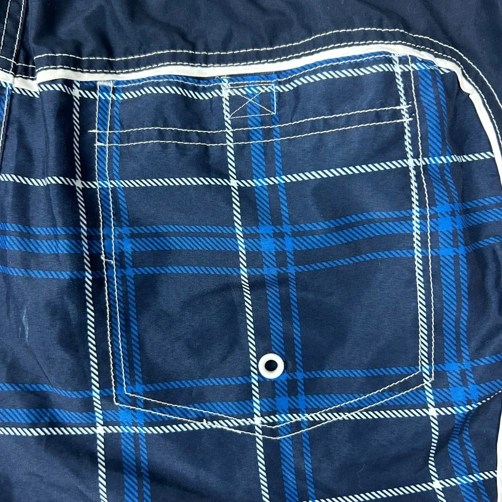 Ocean Pacific Swim Trunks Shorts Mens Large Navy Blue Plaid Mesh Lined Surfing
